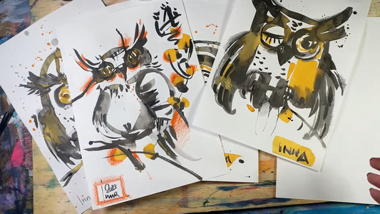 4 классных совы, тушь- акварель. Мини-марафон