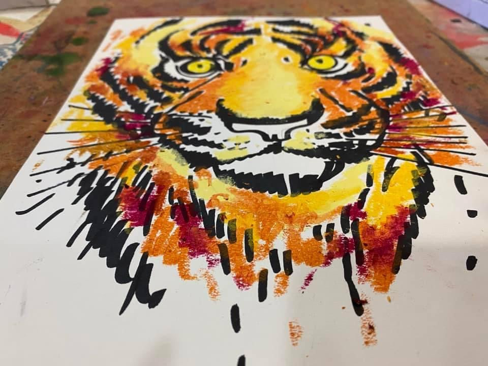 Tiger. Malen mit Ölkreiden.