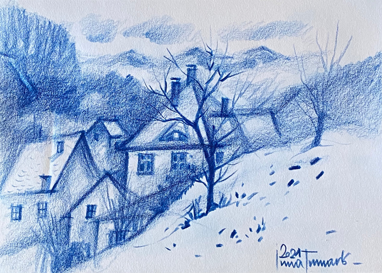 Blaue Landschaft. Malen mit Buntstiften