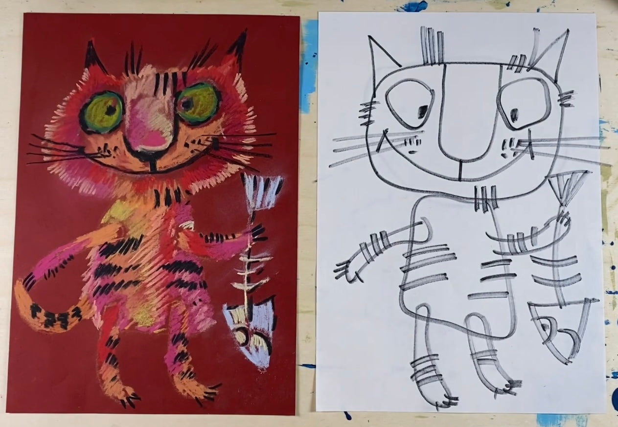 Rote Katze mit seinem Lieblingsfisch. Trockenes Pastell
