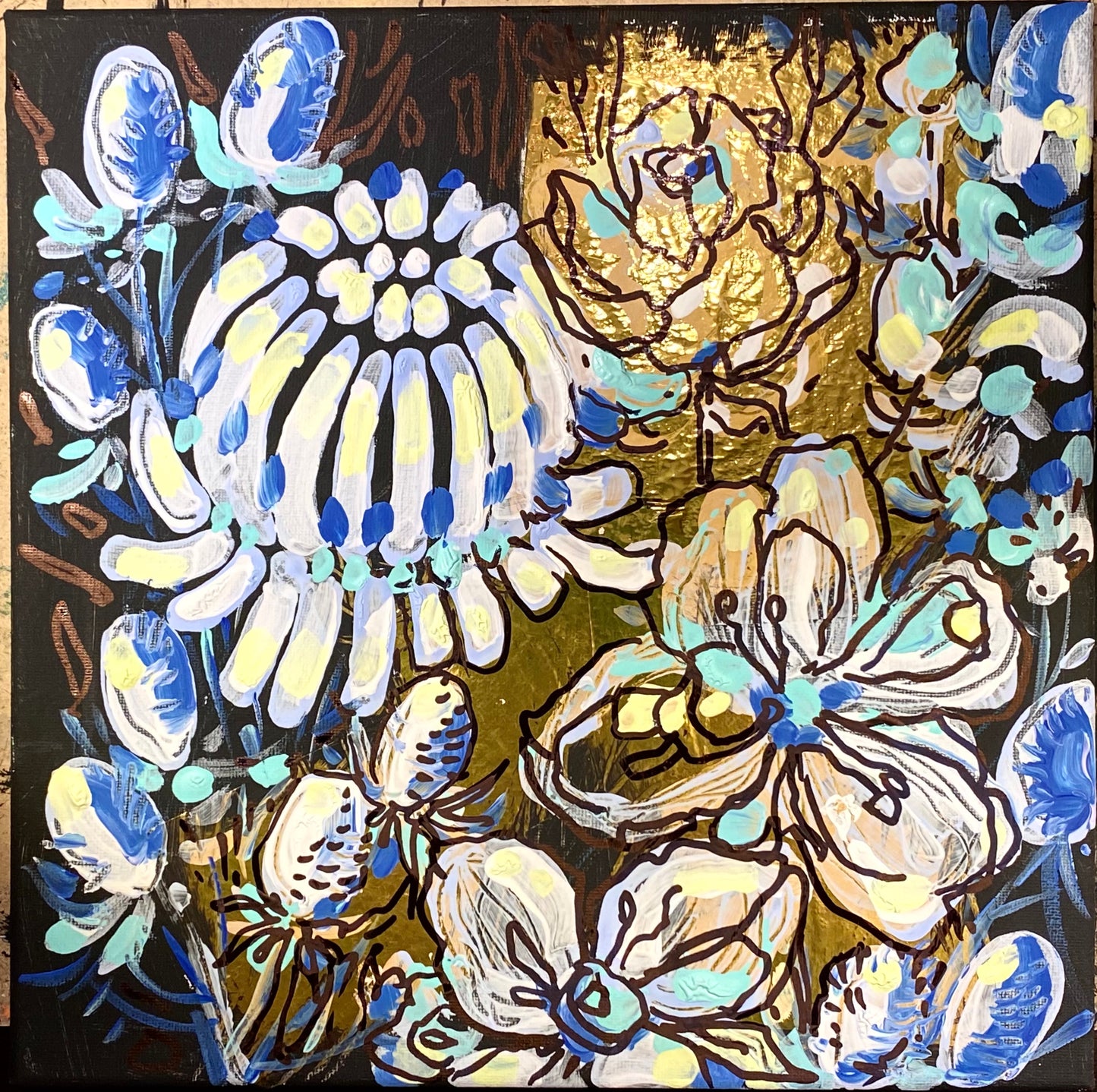 Abstraktion. Blumen auf Gold.Acryl