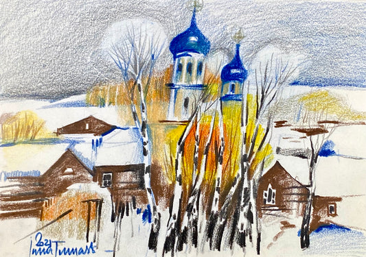 A. Malen mit Buntstiften. Nostalgische Winterlandschaft