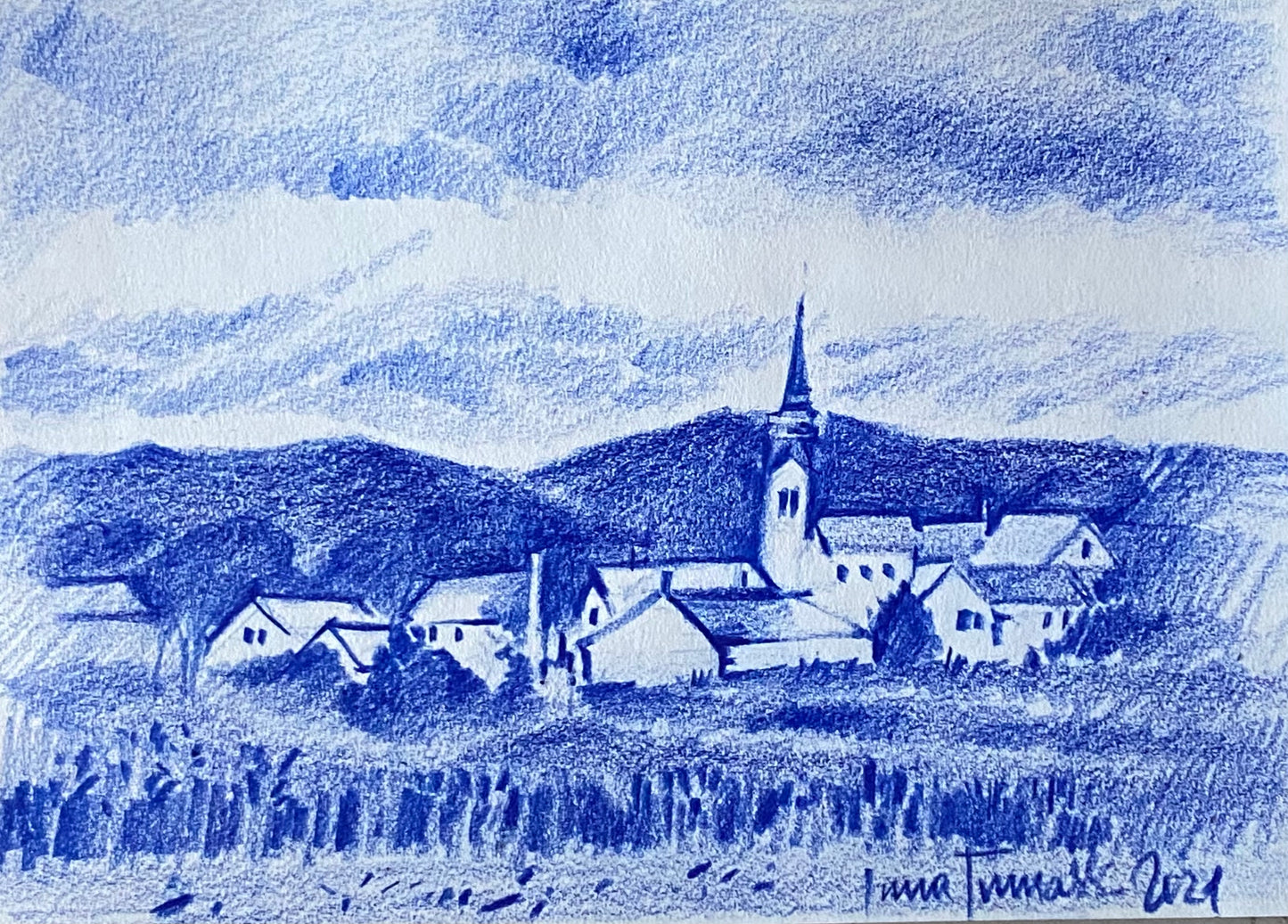 Живопись цветными карандашами. Синий пейзаж. Австрийская деревенька