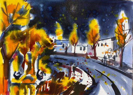 Aquarell. Gold und schwarzer Himmel. Stadt in Österreich