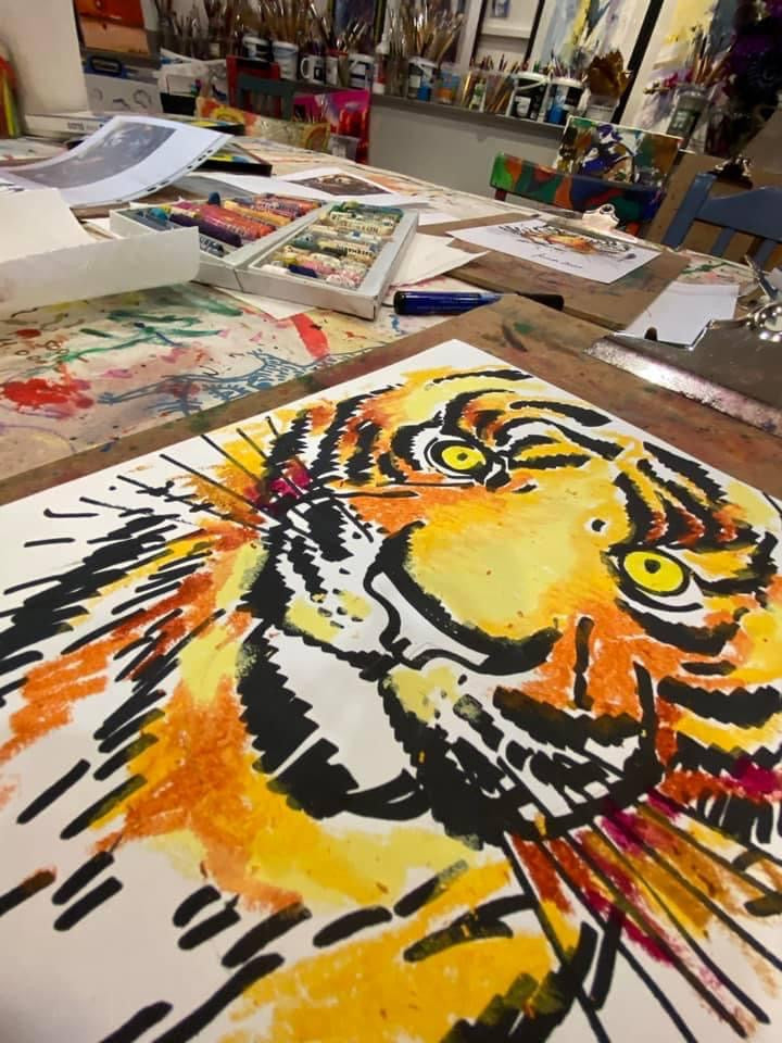 Тигр. Живопись масляной пастелью.