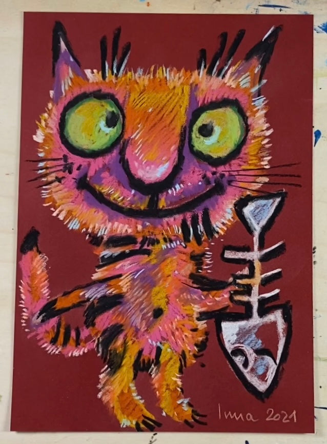Rote Katze mit seinem Lieblingsfisch. Trockenes Pastell